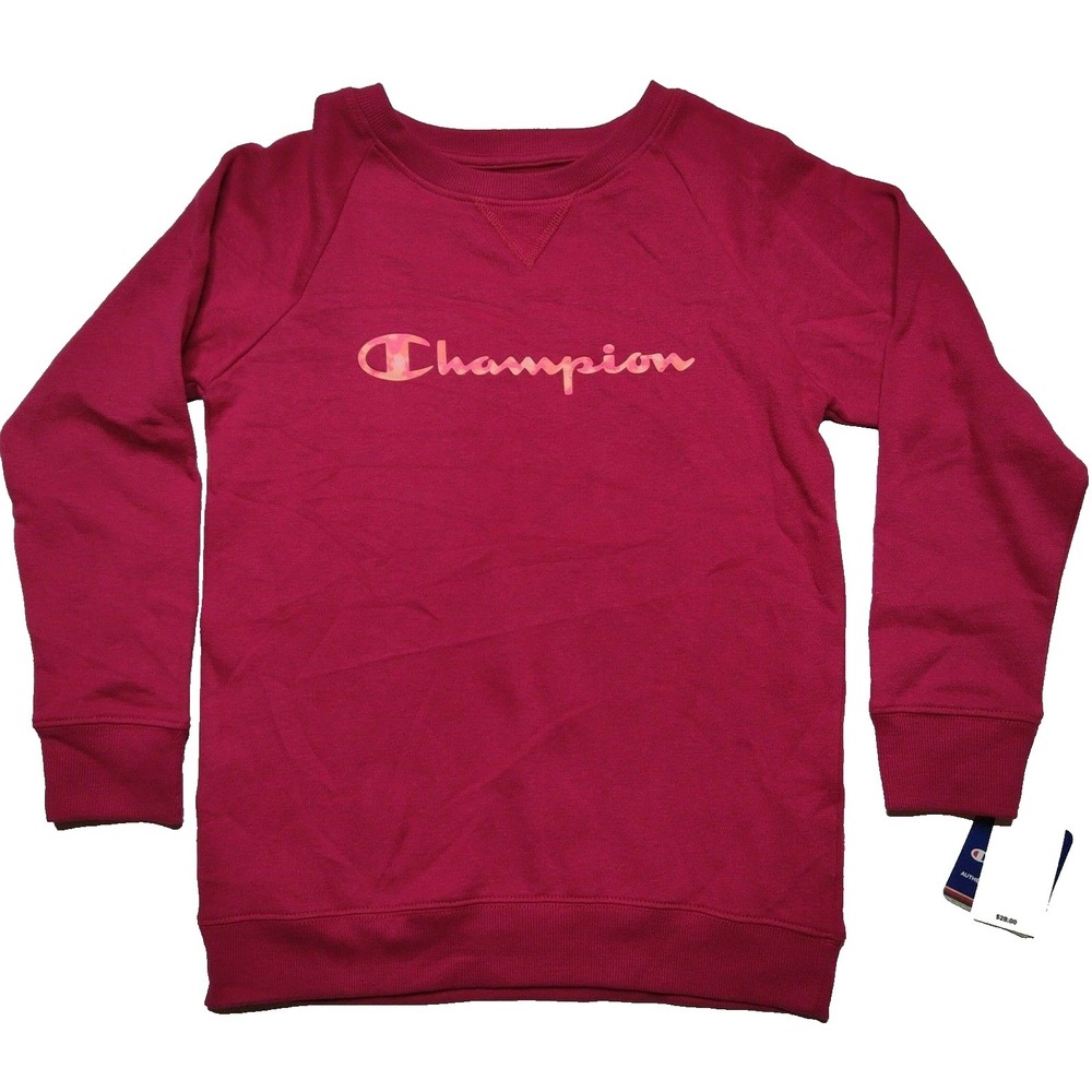 CHAMPION Girls Large Deep Raspberry Spellout Fleece Sweatshirt NEW